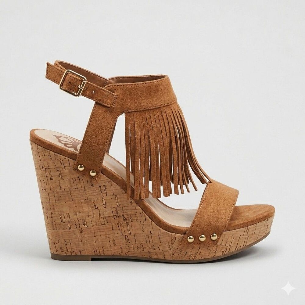 Fergalicious Women 6.5 Cork Wedge Sandals Tan Brown Faux Suede Fringe Boho